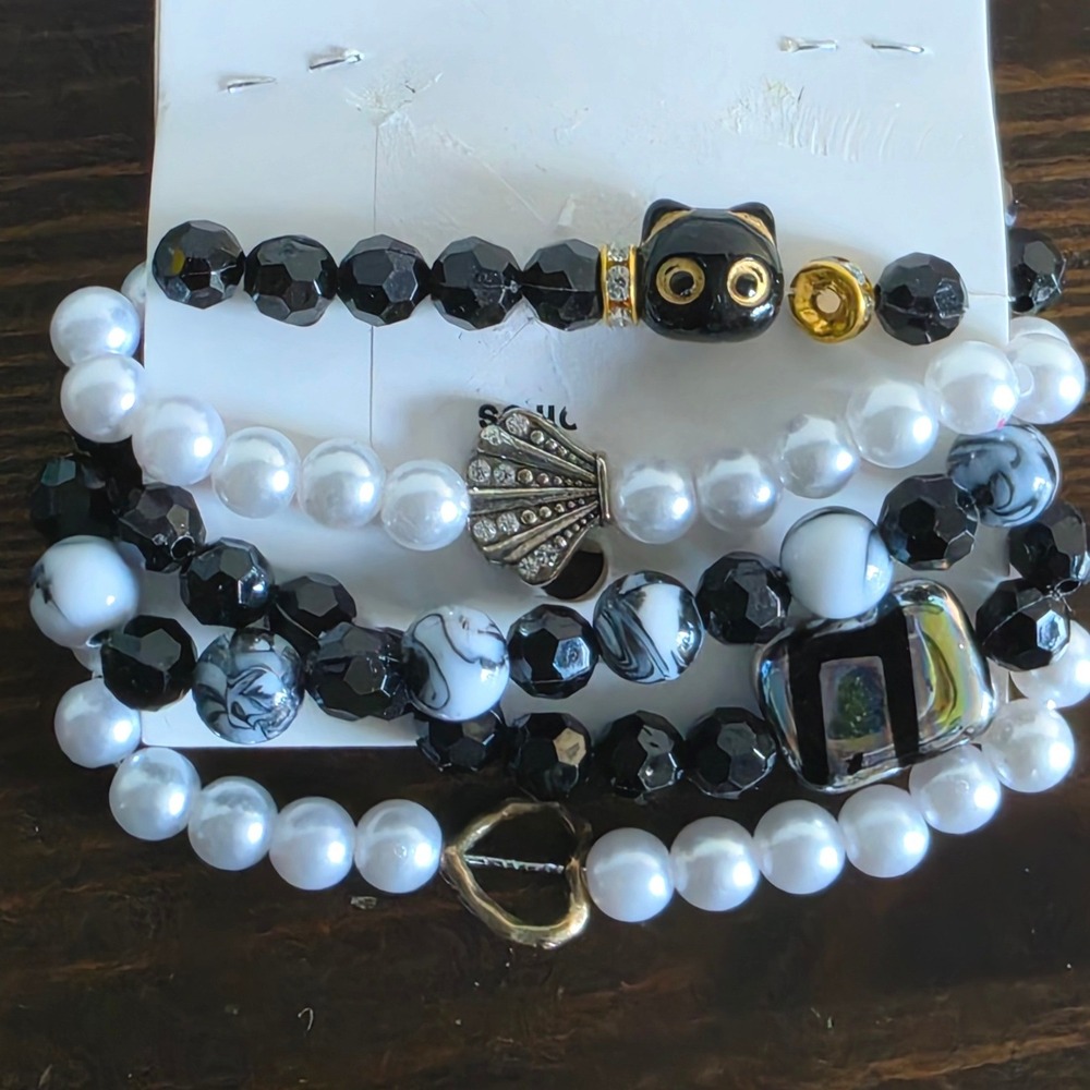 Black Cat Seashell Heart Charm Stretch Bracelet Set Faux Pearl Marbled 4pc